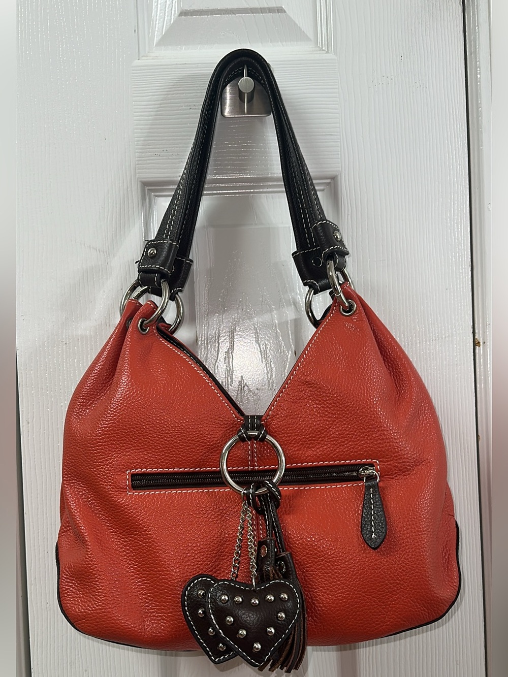 Leather terracota color Shoulder Bag with Brown Trim and Heart Charm. (Bags17)